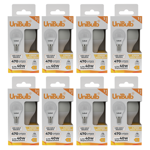 UniBulb LED Golf Ball E14 470lm 4.2W 3000K (Warm White) Light Bulb - Pack of 8 front