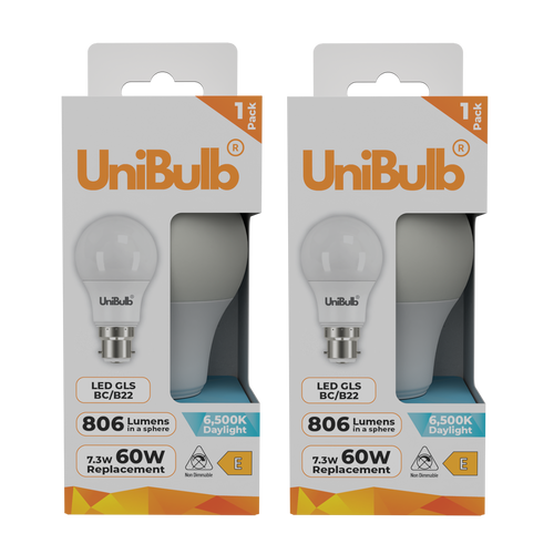 UniBulb LED GLS B22 806lm 7.3W 6500K (Daylight) Light Bulb - Pack of 2 front