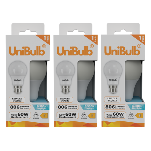 UniBulb LED GLS B22 806lm 7.3W 6500K (Daylight) Light Bulb - Pack of 3 front