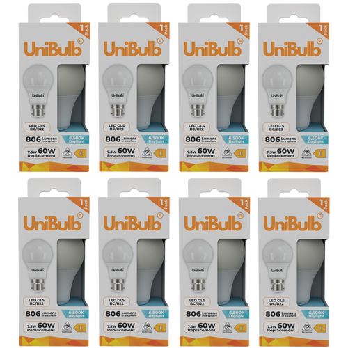 UniBulb LED GLS B22 806lm 7.3W 6500K (Daylight) Light Bulb - Pack of 8 front