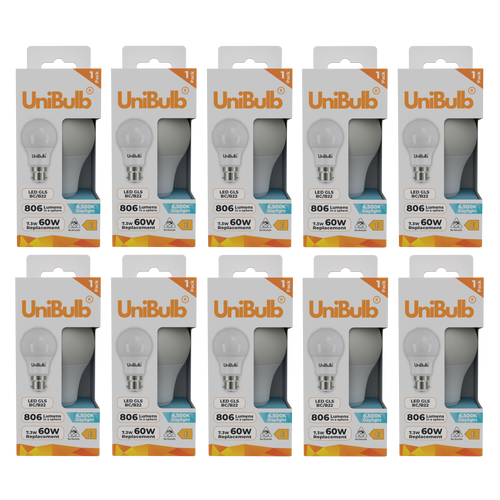 UniBulb LED GLS B22 806lm 7.3W 6500K (Daylight) Light Bulb - Pack of 10 front