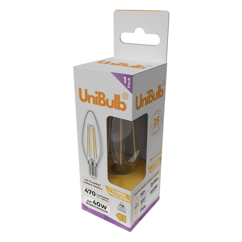 UniBulb LED Filament Candle E14 470lm 4W 2700K (Warm White) Light Bulb - Pack of 8