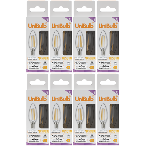 UniBulb LED Filament Candle E14 470lm 4W 2700K (Warm White) Light Bulb - Pack of 8
