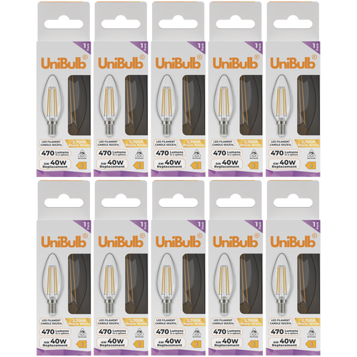 UniBulb LED Filament Candle E14 470lm 4W 2700K (Warm White) Light Bulb - Pack of 10