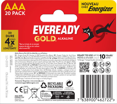 Eveready Gold AAA Alkaline Batteries, Pack of 20 rear