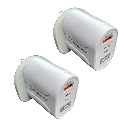 2x Phone Pro PD 20W USB-C Charger & Fast Charge QC 3.0 USB-A Wall Charger