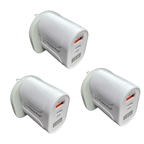 3x Phone Pro PD 20W USB-C Charger & Fast Charge QC 3.0 USB-A Wall Charger