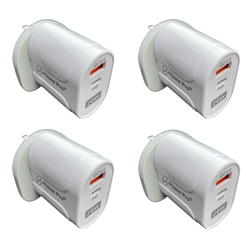 4x Phone Pro PD 20W USB-C Charger & Fast Charge QC 3.0 USB-A Wall Charger