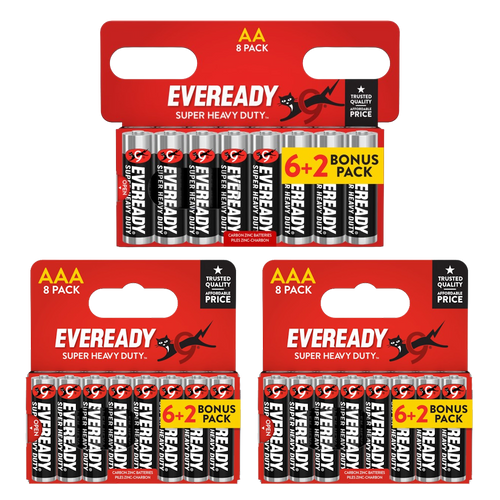 8x Eveready Super Heavy Duty AA & 16x AAA Zinc Batteries - (24x Batteries in total)