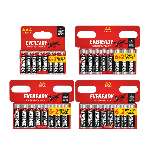 24x Eveready Super Heavy Duty AA & 8x AAA Zinc Batteries - (32x Batteries in total)