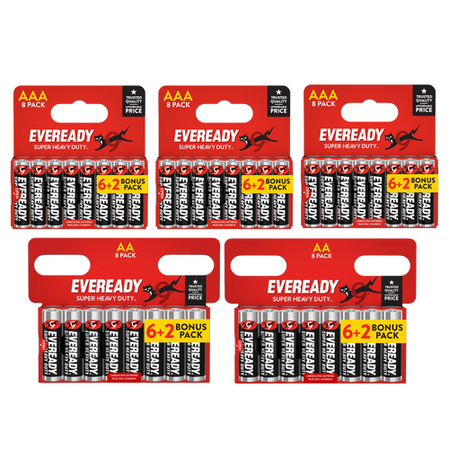16x Eveready Super Heavy Duty AA & 24x AAA Zinc Batteries - (40x Batteries in total)