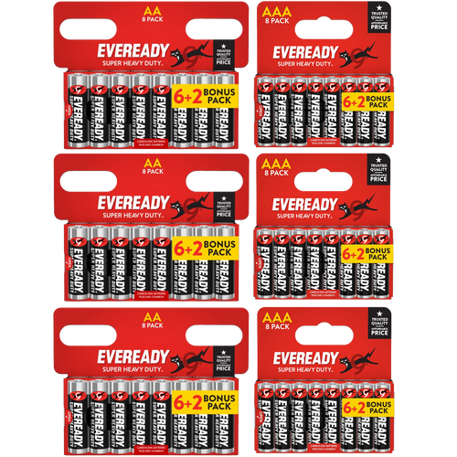 24x Eveready Super Heavy Duty AA & 24x AAA Zinc Batteries - (48x Batteries in total)