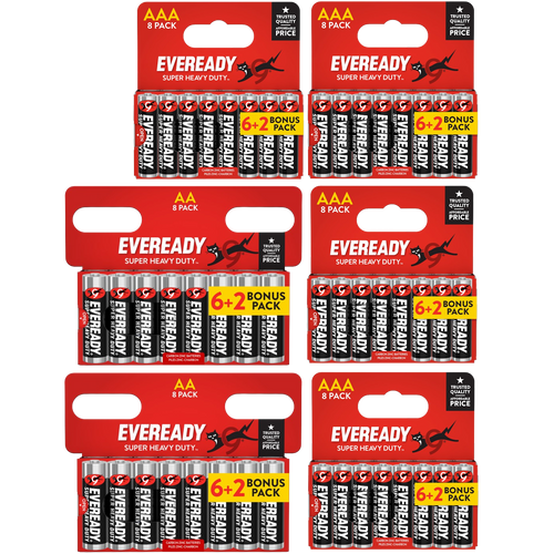 16x Eveready Super Heavy Duty AA & 32x AAA Zinc Batteries - (48x Batteries in total)