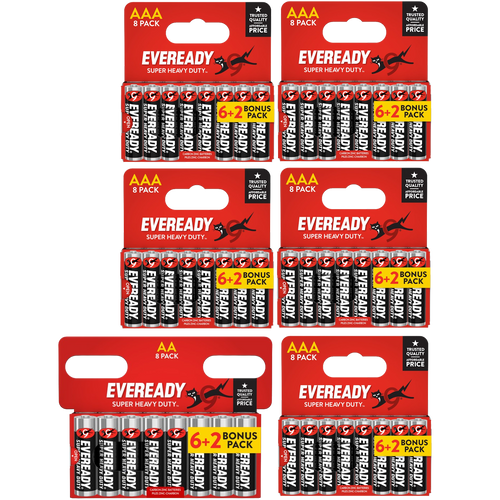 8x Eveready Super Heavy Duty AA & 40x AAA Zinc Batteries - (48x Batteries in total)