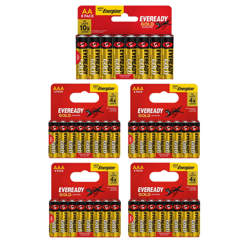 8x Eveready Gold AA & 32x AAA Alkaline Batteries - (40x Batteries in total)