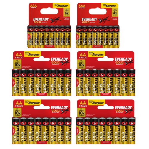 32x Eveready Gold AA & 16x AAA Alkaline Batteries - (48x Batteries in total)