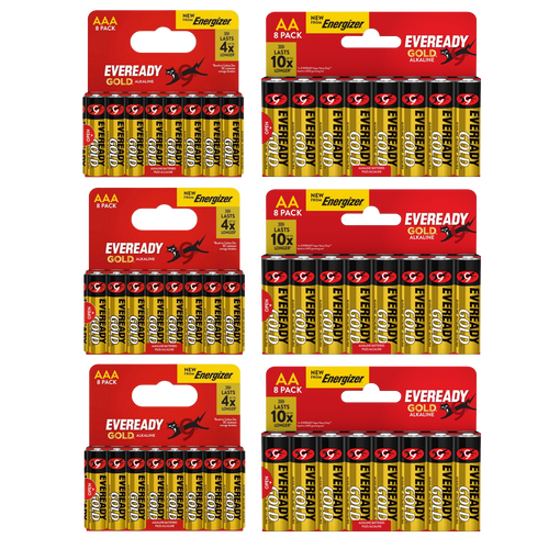 24x Eveready Gold AA & 24x AAA Alkaline Batteries - (48x Batteries in total)