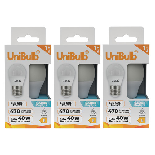 UniBulb LED Golf Ball E27 470lm 4.2W 6500K (Daylight) Light Bulb - Pack of 3