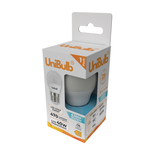 UniBulb LED Golf Ball E27 470lm 4.2W 6500K (Daylight) Light Bulb - Pack of 1 side