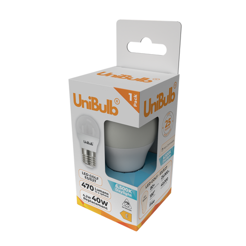 UniBulb LED Golf Ball E27 470lm 4.2W 6500K (Daylight) Light Bulb - Pack of 1 side