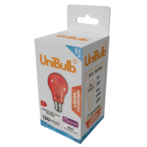 UniBulb B22 GLS 60W 1000k Fireglow Red Light Bulb  - Pack of 1 side
