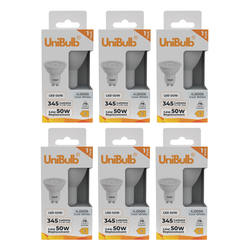 UniBulb LED GU10 345lm 3.6W 4000K (Cool White) Light Bulb - Pack of 6 front