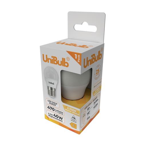 UniBulb LED Golf Ball E27 470lm 4.2W 2700K (Warm White) Light Bulb - Pack of 1 side