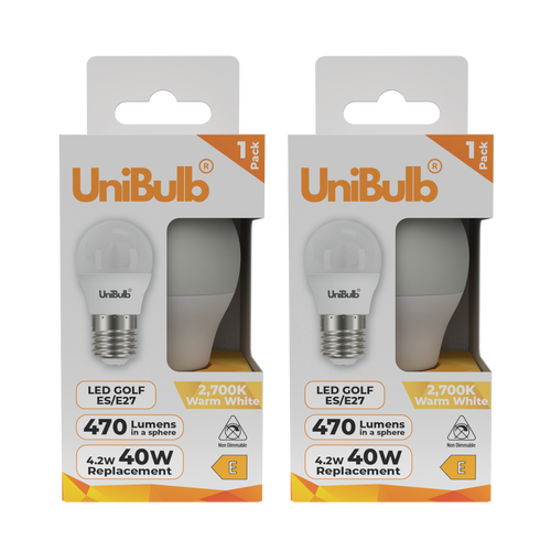 UniBulb LED Golf Ball E27 470lm 4.2W 2700K (Warm White) Light Bulb - Pack of 2 front