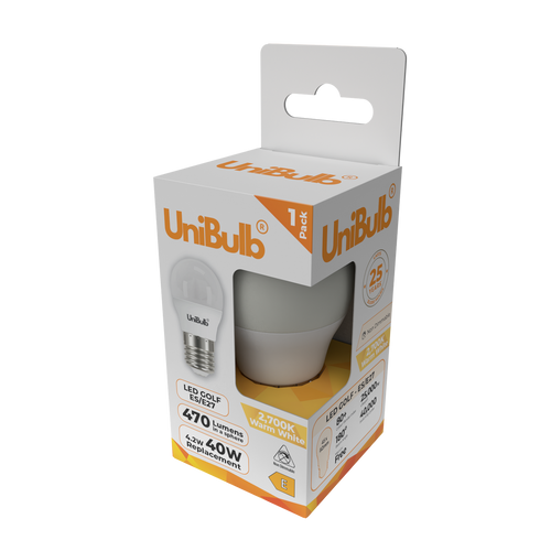 UniBulb LED Golf Ball E27 470lm 4.2W 2700K (Warm White) Light Bulb - Pack of 1 side