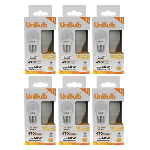 UniBulb LED Golf Ball E27 470lm 4.2W 2700K (Warm White) Light Bulb - Pack of 6 front