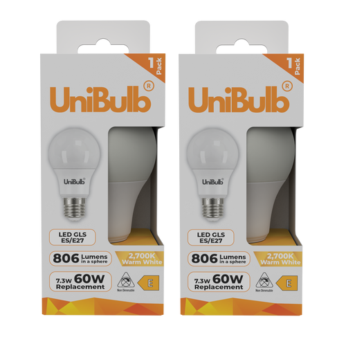 UniBulb LED GLS E27 806lm 7.3W 2700K (Warm White) Light Bulb - Pack of 1 bulb front