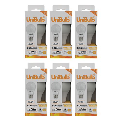 UniBulb LED GLS E27 806lm 7.3W 2700K (Warm White) Light Bulb - Pack of 6 bulb front