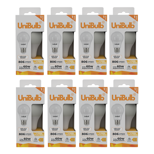 UniBulb LED GLS E27 806lm 7.3W 2700K (Warm White) Light Bulb - Pack of 6 bulb front