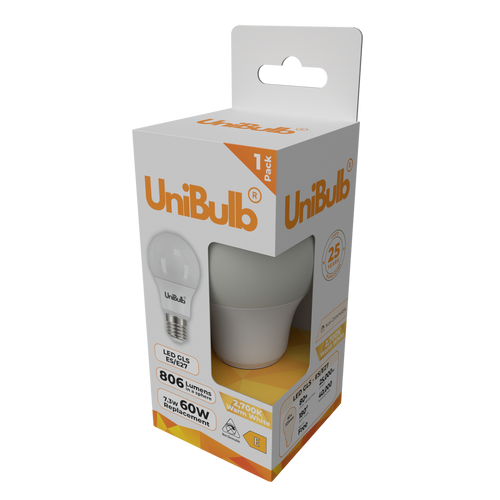 UniBulb LED GLS E27 806lm 7.3W 2700K (Warm White) Light Bulb - Pack of 1 bulb side