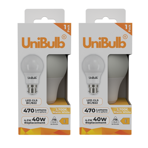 UniBulb LED GLS B22 470lm 4.2W 2700K (Warm White) Light Bulb - Pack of 2 front