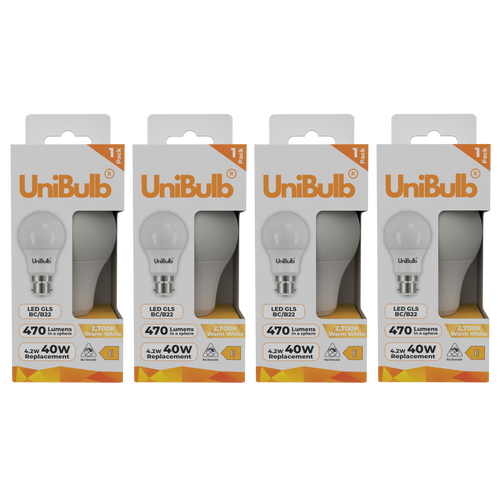 UniBulb LED GLS B22 470lm 4.2W 2700K (Warm White) Light Bulb - Pack of 4 front