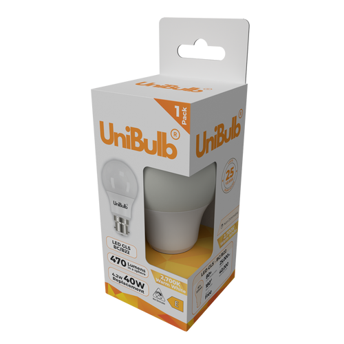 UniBulb LED GLS B22 470lm 4.2W 2700K (Warm White) Light Bulb - Pack of 1 side