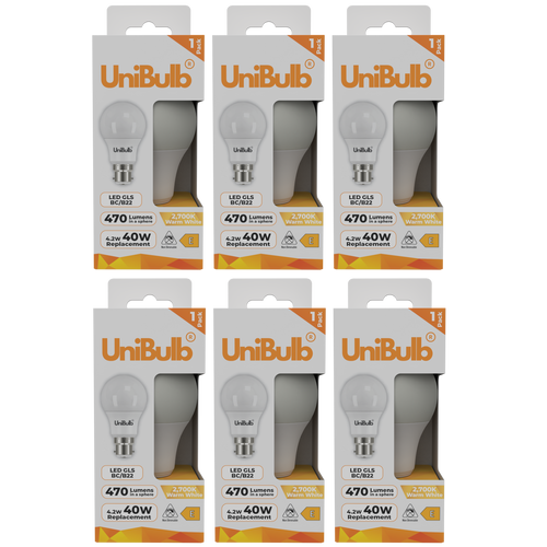 UniBulb LED GLS B22 470lm 4.2W 2700K (Warm White) Light Bulb - Pack of 6 front