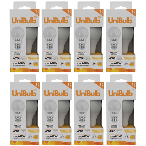 UniBulb LED GLS B22 470lm 4.2W 2700K (Warm White) Light Bulb - Pack of 8 front