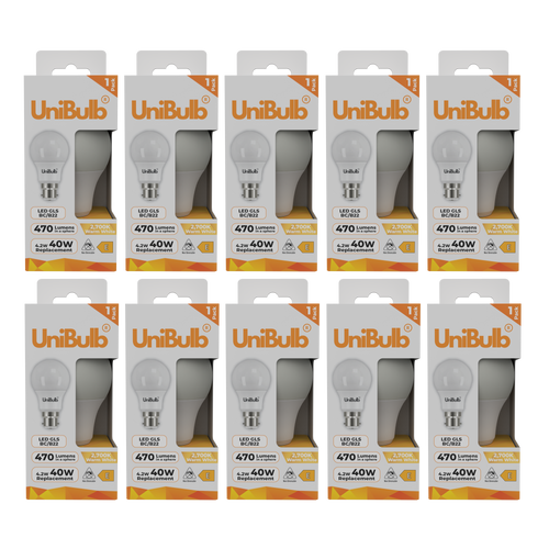 UniBulb LED GLS B22 470lm 4.2W 2700K (Warm White) Light Bulb - Pack of 10 front