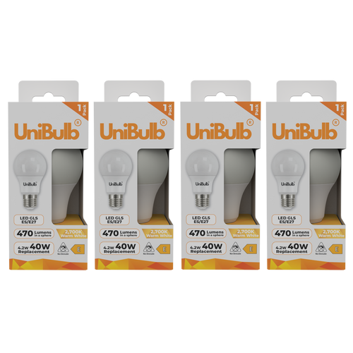 UniBulb LED GLS E27 470lm 4.2W 2700K (Warm White) Light Bulb - Pack of 4