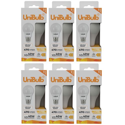 UniBulb LED GLS E27 470lm 4.2W 2700K (Warm White) Light Bulb - Pack of 6