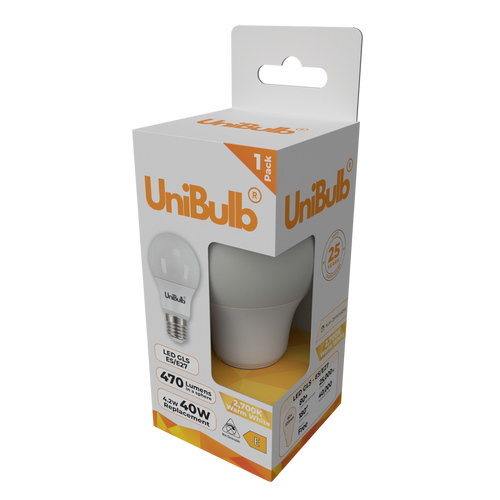 UniBulb LED GLS E27 470lm 4.2W 2700K (Warm White) Light Bulb - Pack of 1 side