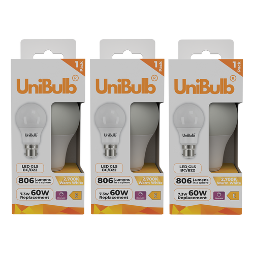 UniBulb LED GLS B22 806lm 7.3W 2700K (Warm White) Dimmable Light Bulb - Pack of 3
