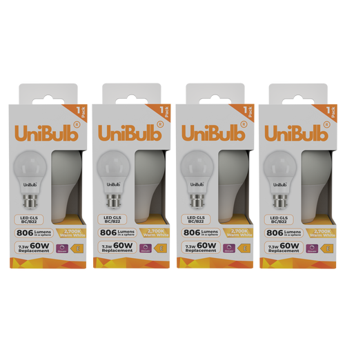 UniBulb LED GLS B22 806lm 7.3W 2700K (Warm White) Dimmable Light Bulb - Pack of 4