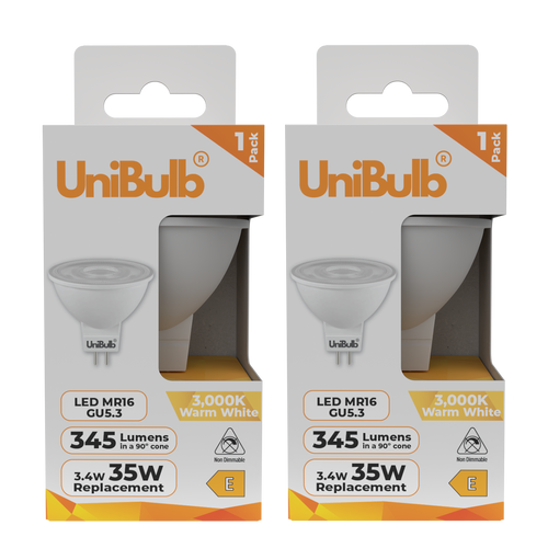 UniBulb LED MR16 GU5.3 345lm 3.4W 3000K (Warm White) Light Bulb - Pack of 2