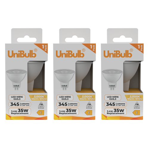 UniBulb LED MR16 GU5.3 345lm 3.4W 3000K (Warm White) Light Bulb - Pack of 3