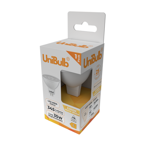 UniBulb LED MR16 GU5.3 345lm 3.4W 3000K (Warm White) Light Bulb - Pack of 4