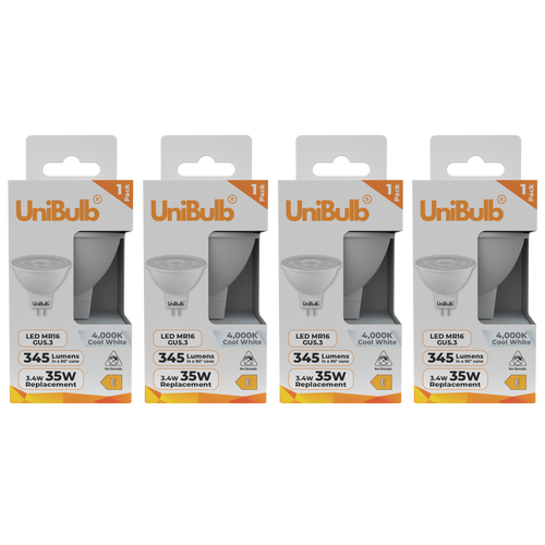UniBulb LED MR16 GU5.3 345lm 3.4W 4000K (Cool White) Light Bulb - Pack of 4