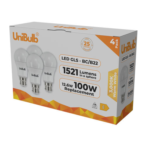 UniBulb LED GLS B22 1521lm 12.6W 3000K (Warm white) Light Bulb - Pack of 4
